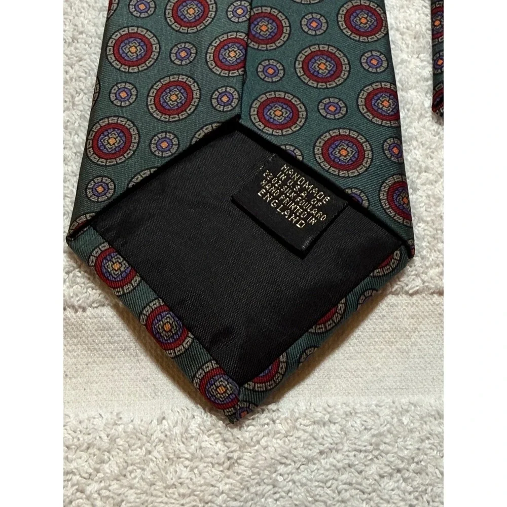 Raleighs Mens Silk Tie Teal Medallion Geometric Handmade USA English Foulard